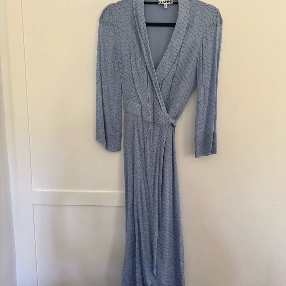 Ganni Light Blue Long Sleeve Wrap Dress